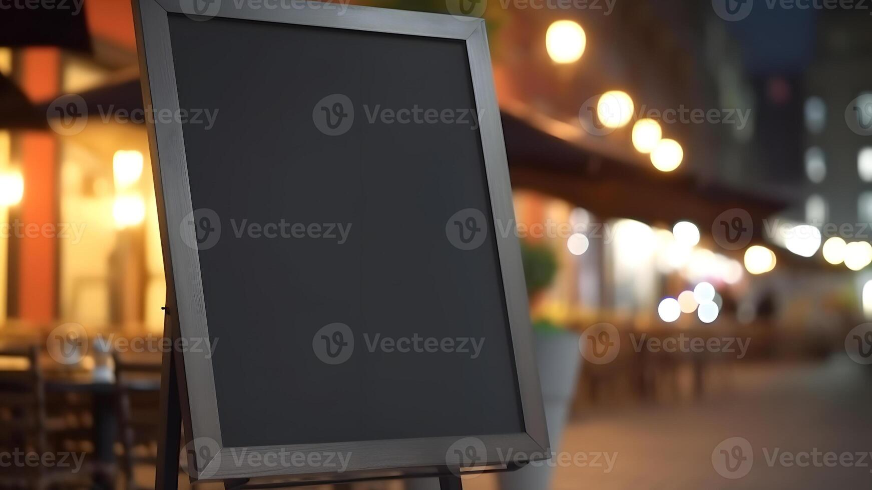 ai gerado em branco Preto restaurante fazer compras placa ou cardápio borda perto a Entrada do rua cafeteria às noite, neural rede gerado imagem foto