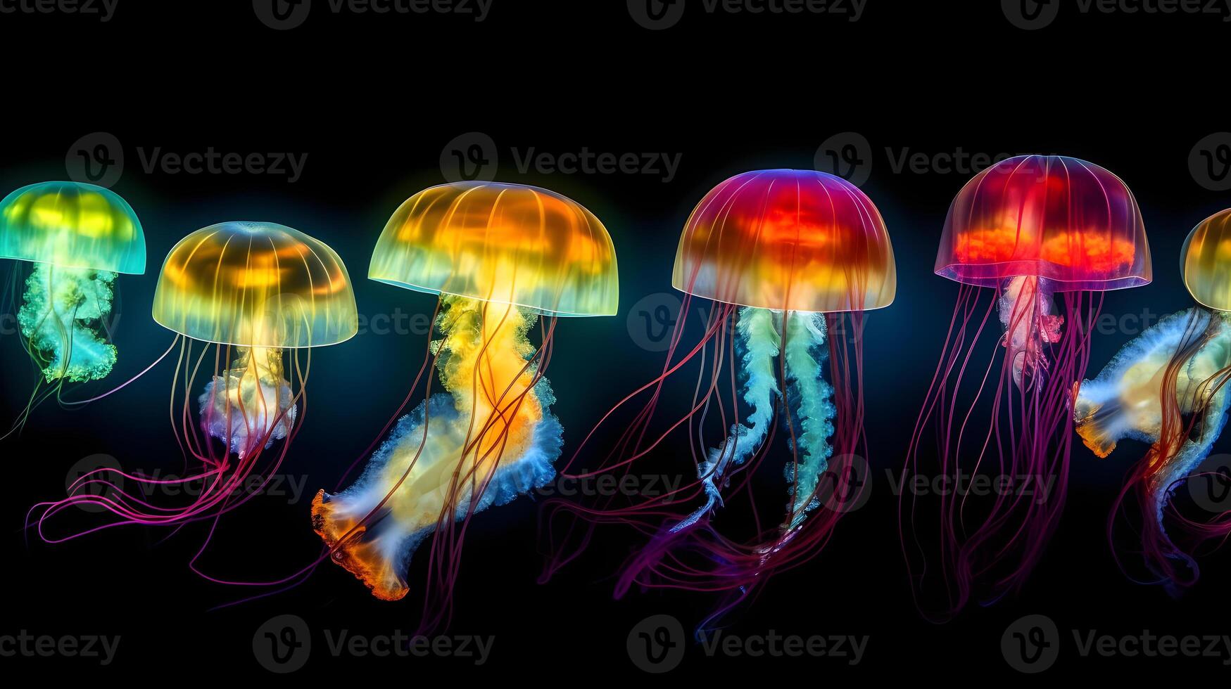 ai gerado brilhando mar medusas em Sombrio fundo, neural rede gerado imagem foto