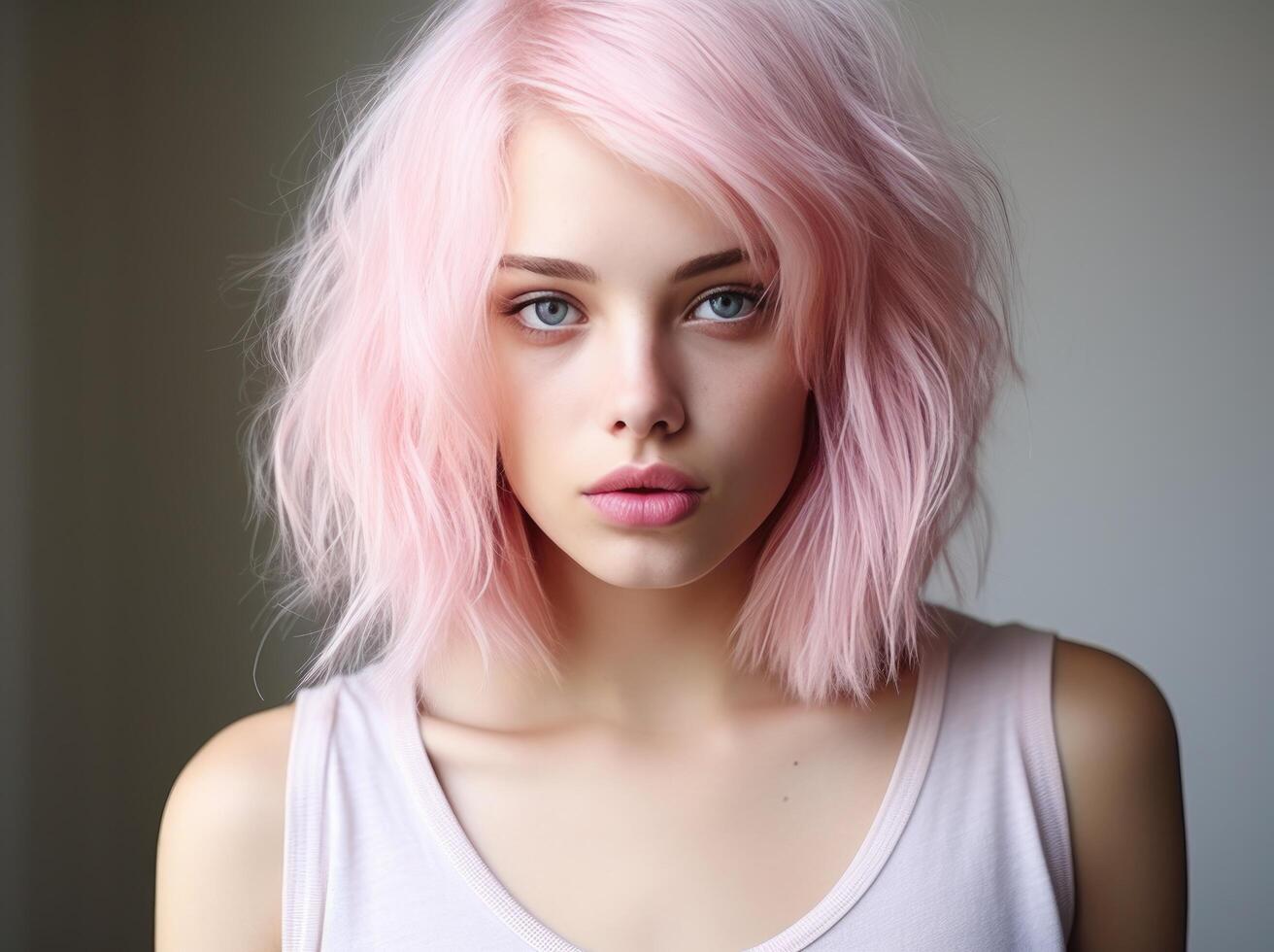 ai gerado lindo jovem mulher com Rosa cabelo posando dentro Preto camiseta menina com Rosa cabelo foto