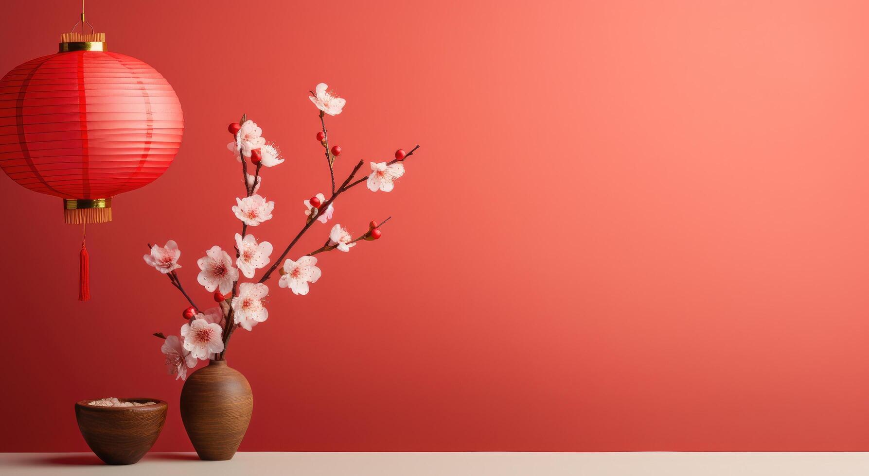 ai gerado chinês lanterna dentro flor contra vermelho fundo foto