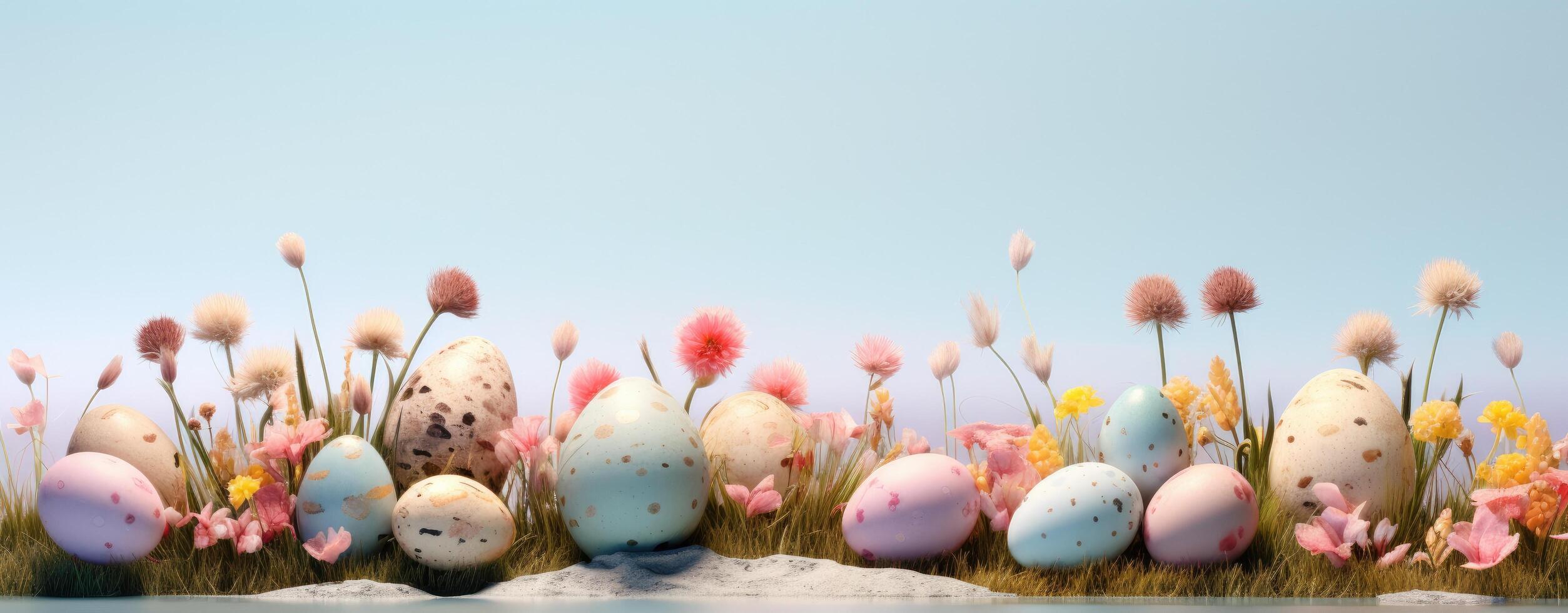 ai gerado colorida Páscoa ovos em a Relva com flores atrás isto, roxa e cinza, foto