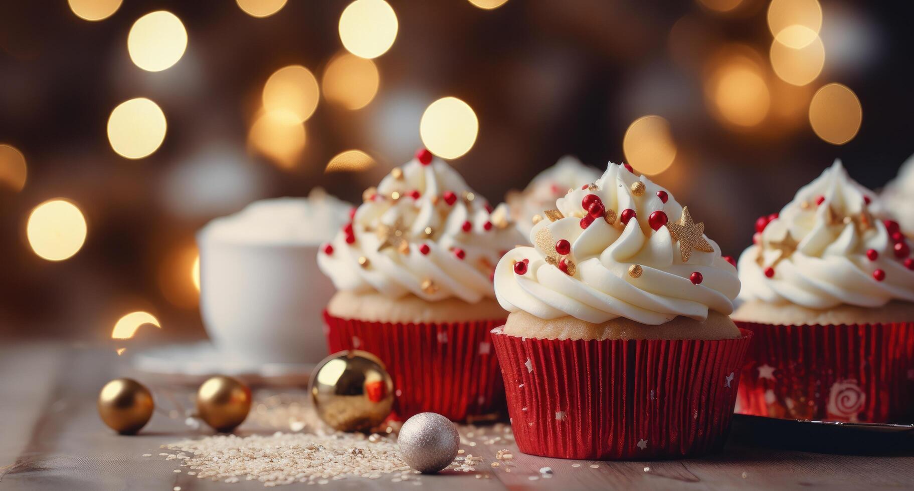 ai gerado Natal árvore decorações e bolos de copo em mesa, foto