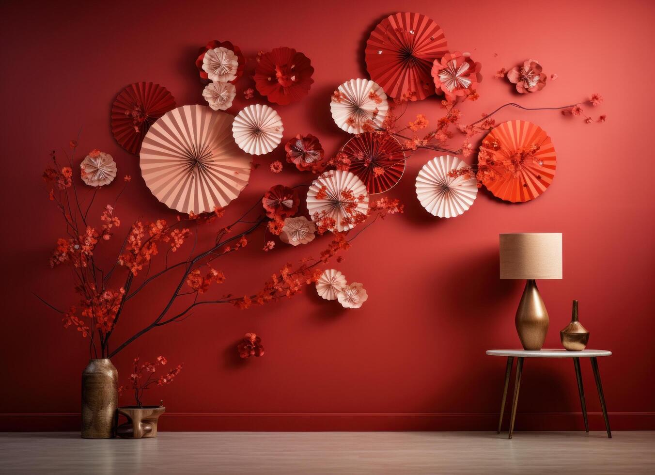 ai gerado vermelho parede preenchidas com papel fãs e de outros chinês decorações foto