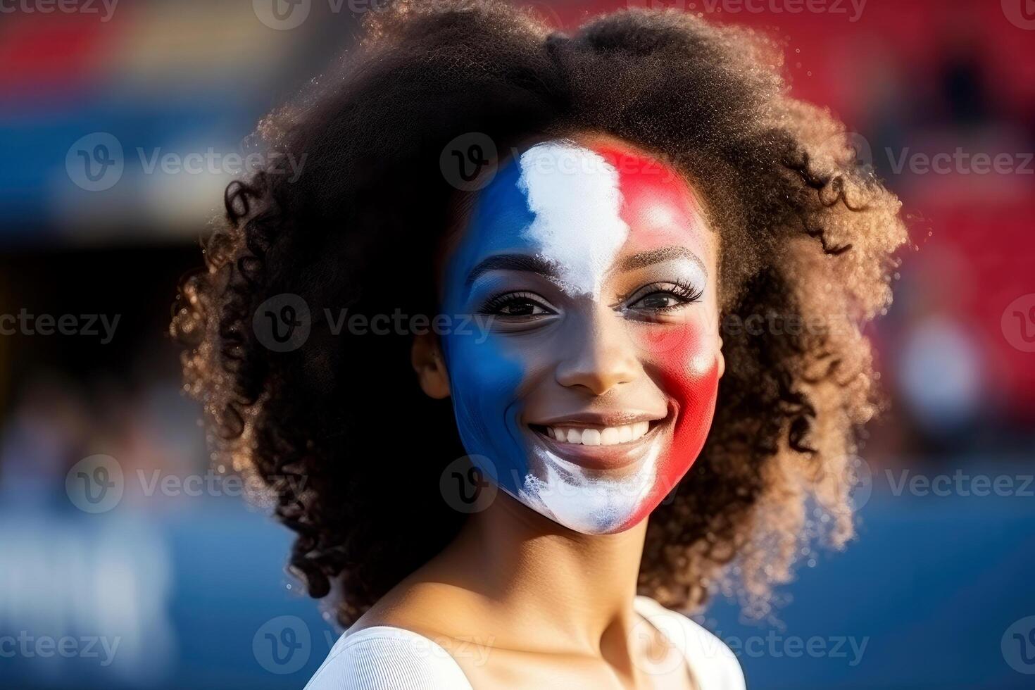 ai gerado francês apoiante com bandeira face pintura . França 2024 olímpico conceito .generativo ai foto