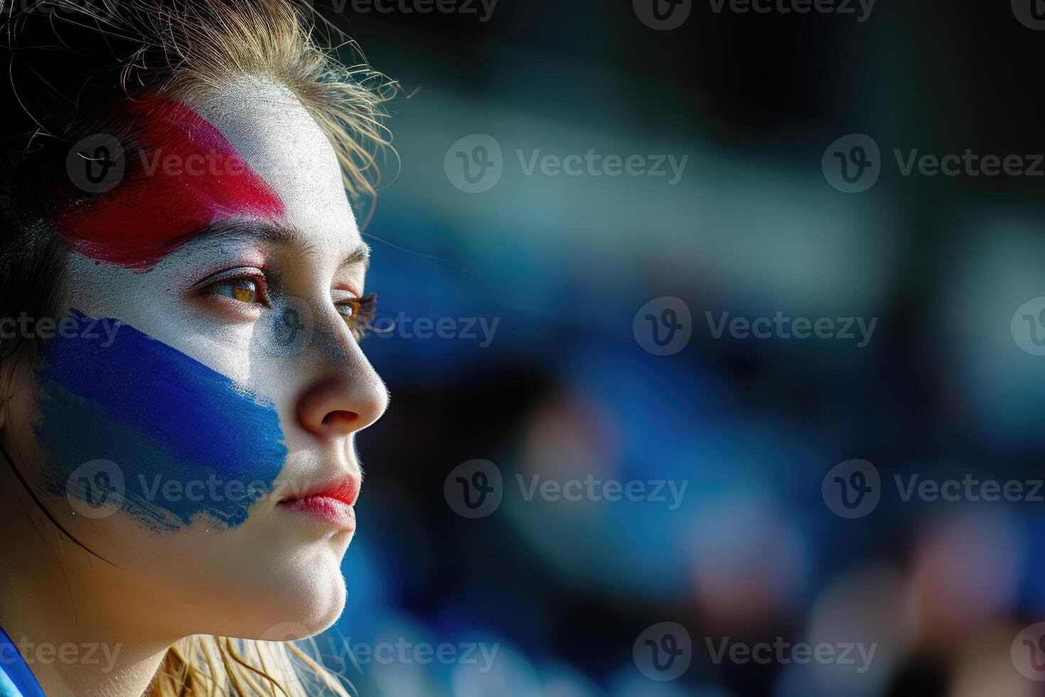 ai gerado francês apoiante com bandeira face pintura . França 2024 olímpico conceito .generativo ai foto