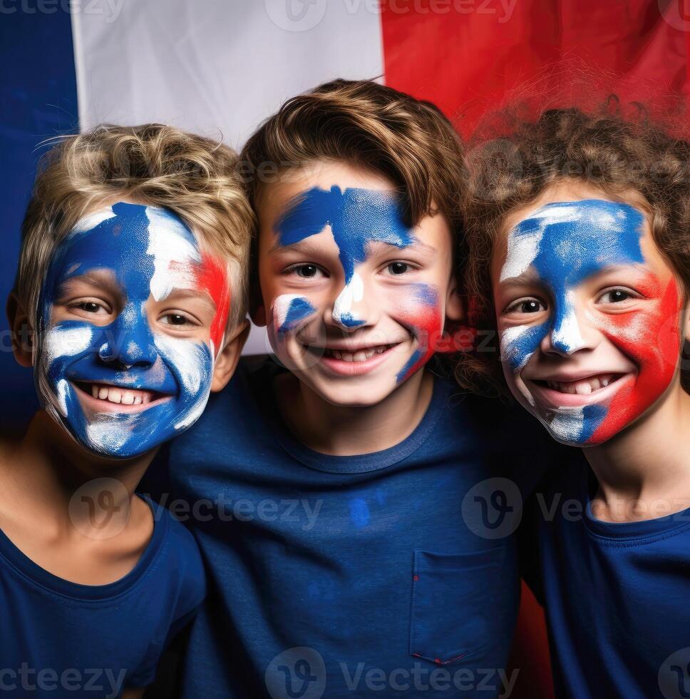 ai gerado francês apoiante com bandeira face pintura . França 2024 olímpico conceito .generativo ai foto