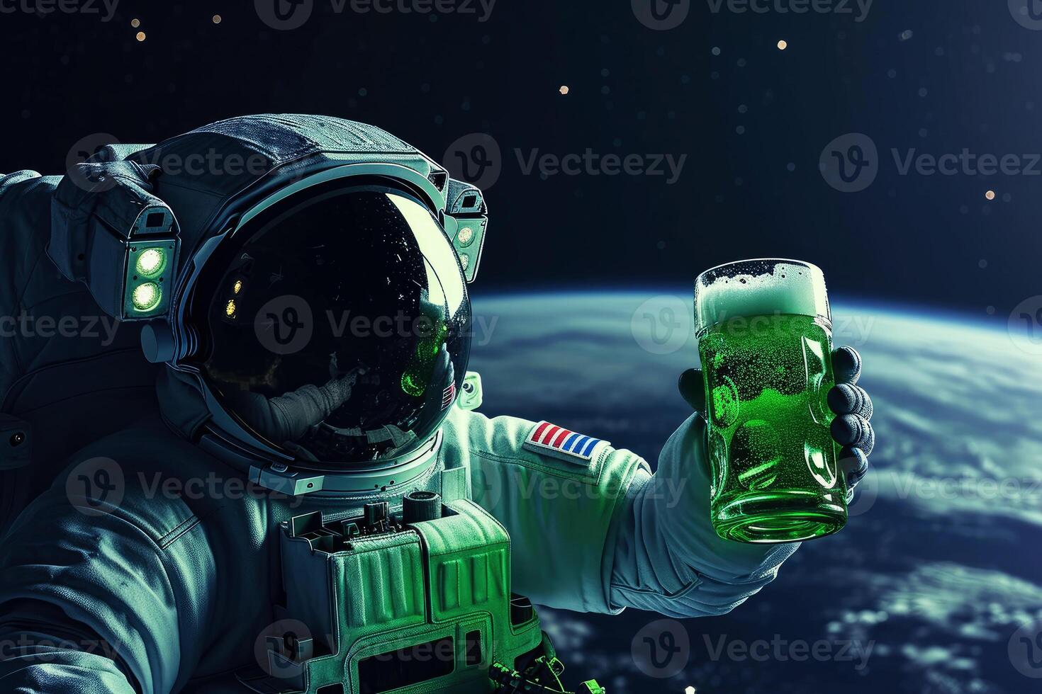 ai gerado a astronauta bebidas alguns verde Cerveja em a planeta. santo patrick's dia conceito. generativo ai. foto