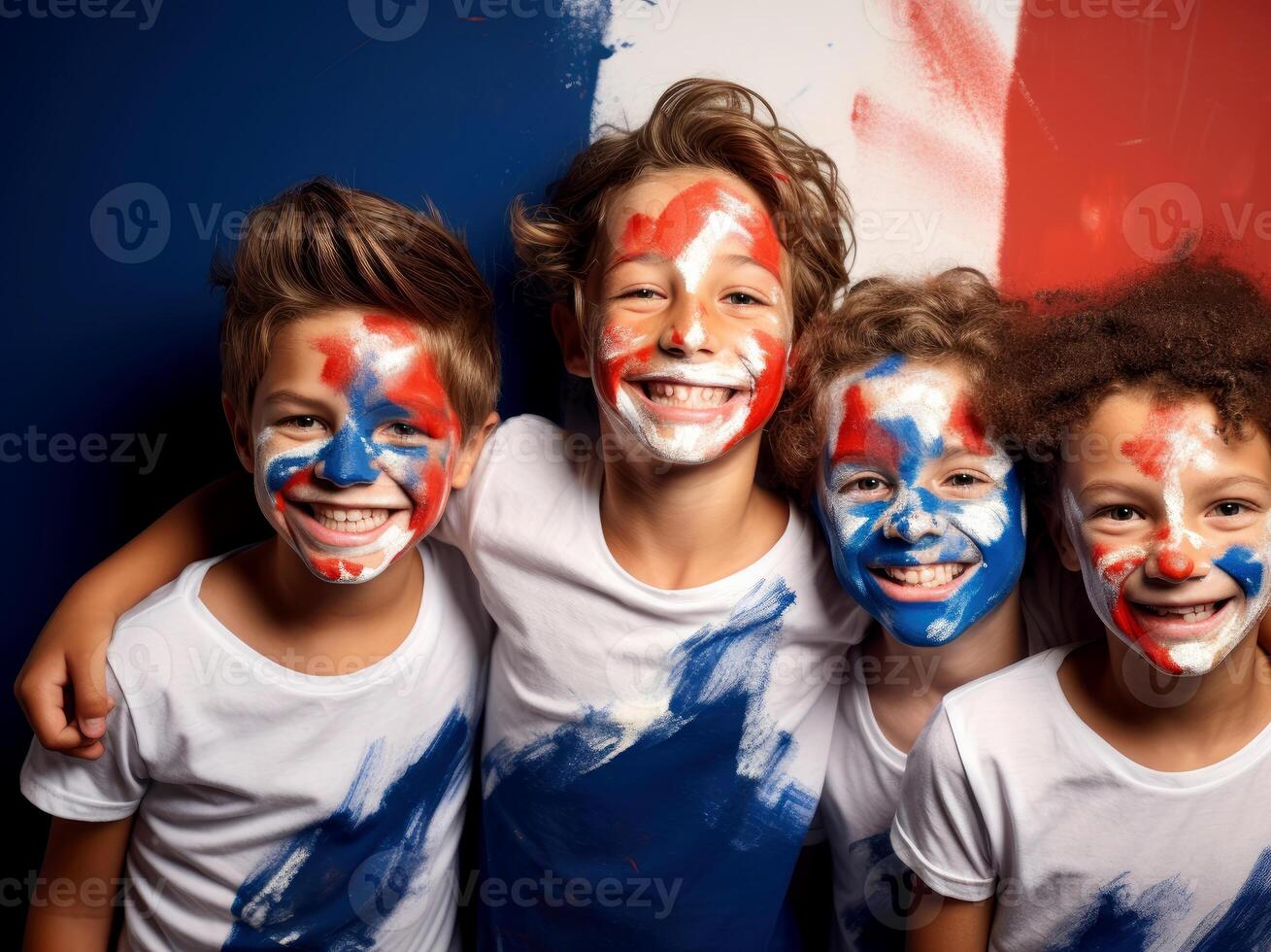 ai gerado francês apoiante com bandeira face pintura . França 2024 olímpico conceito .generativo ai foto