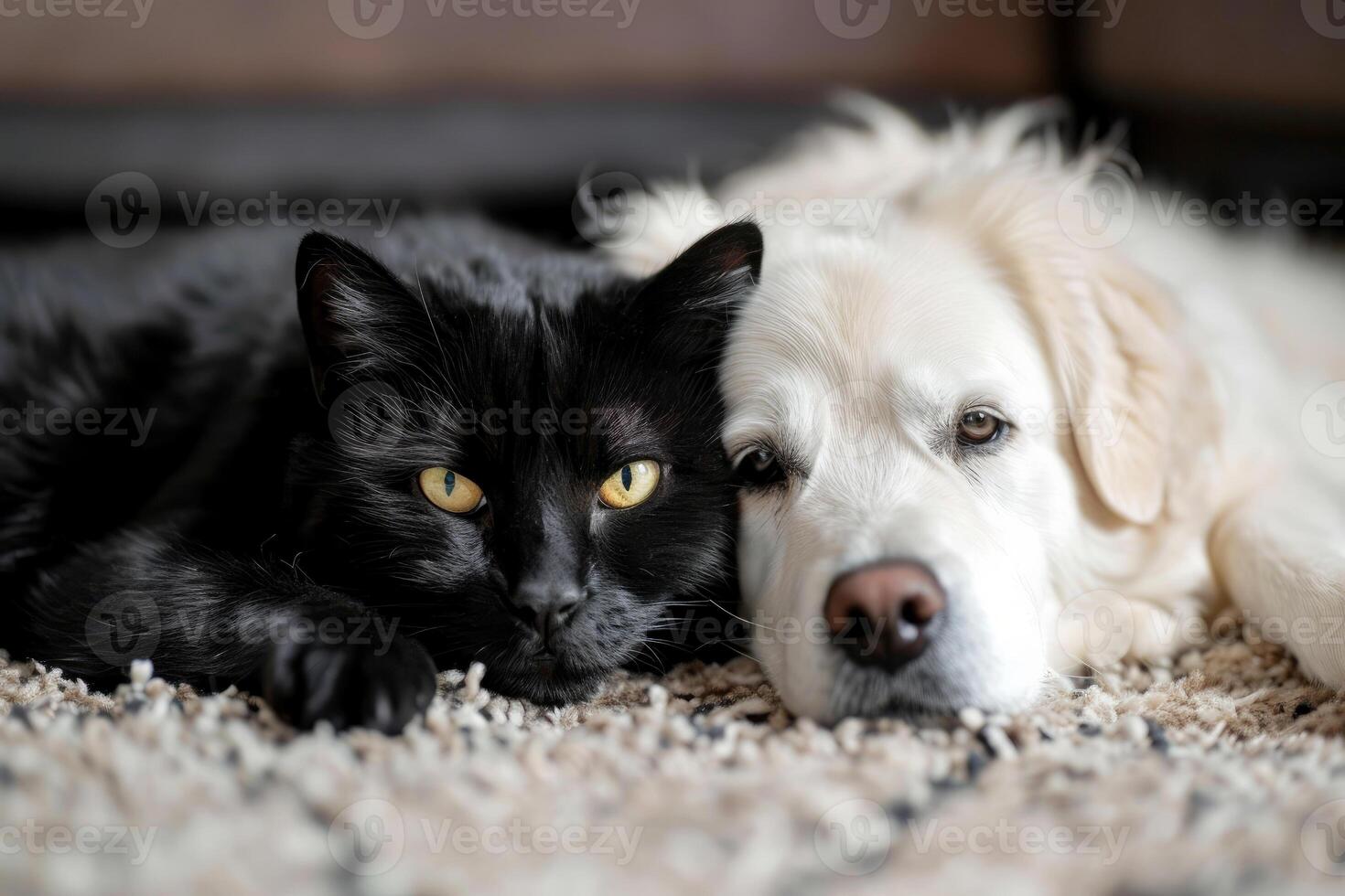 ai gerado branco cachorro e Preto gato olhando às a Câmera deitado juntos em a andar.ai generativo foto