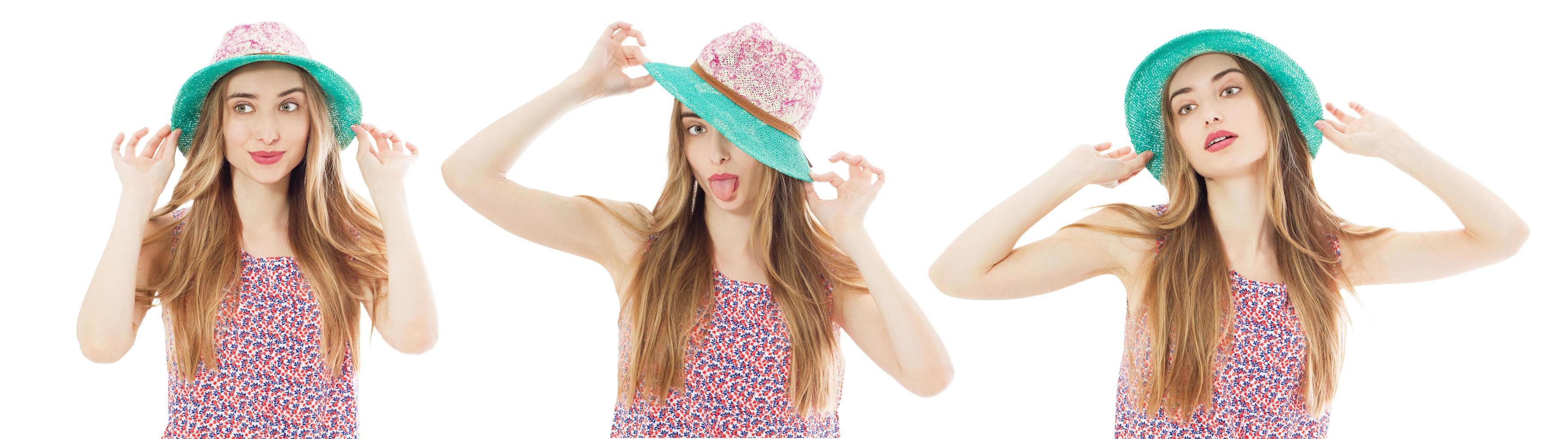 conjunto menina bonita mulher com chapéu sorrindo em um fundo branco foto