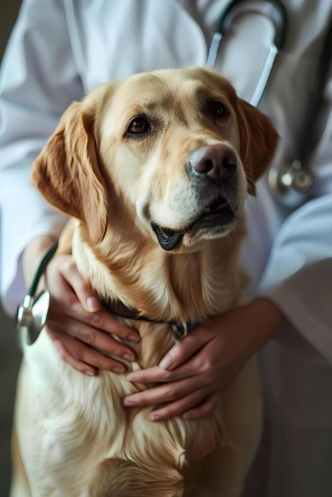 ai gerado cura patas abraçando a amor e dedicação do uma veterinário cachorro entusiasta foto