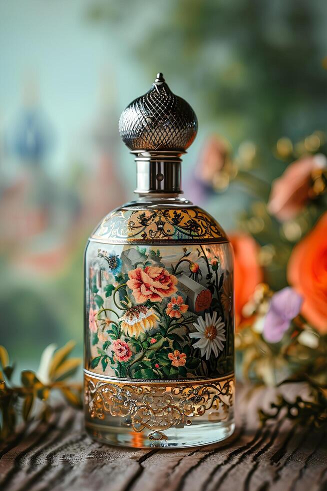 ai gerado chique herança russo motivo perfume garrafa com folk padrões foto
