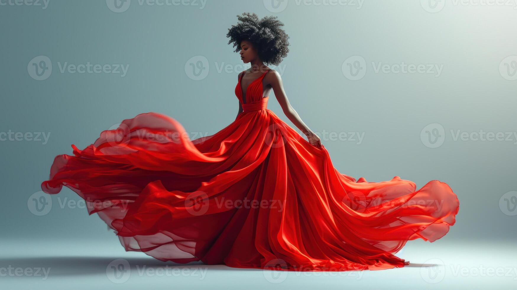 ai gerado lindo africano americano mulher dentro uma grandes vermelho vestir. foto