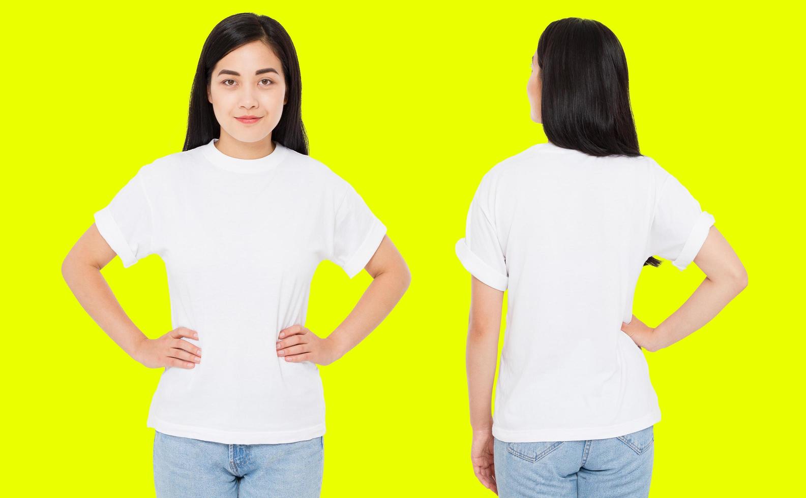 conjunto de vistas de frente para trás china, mulher coreana em camiseta branca isolada em fundo amarelo, mock up para design. copie o espaço. modelo. em branco foto