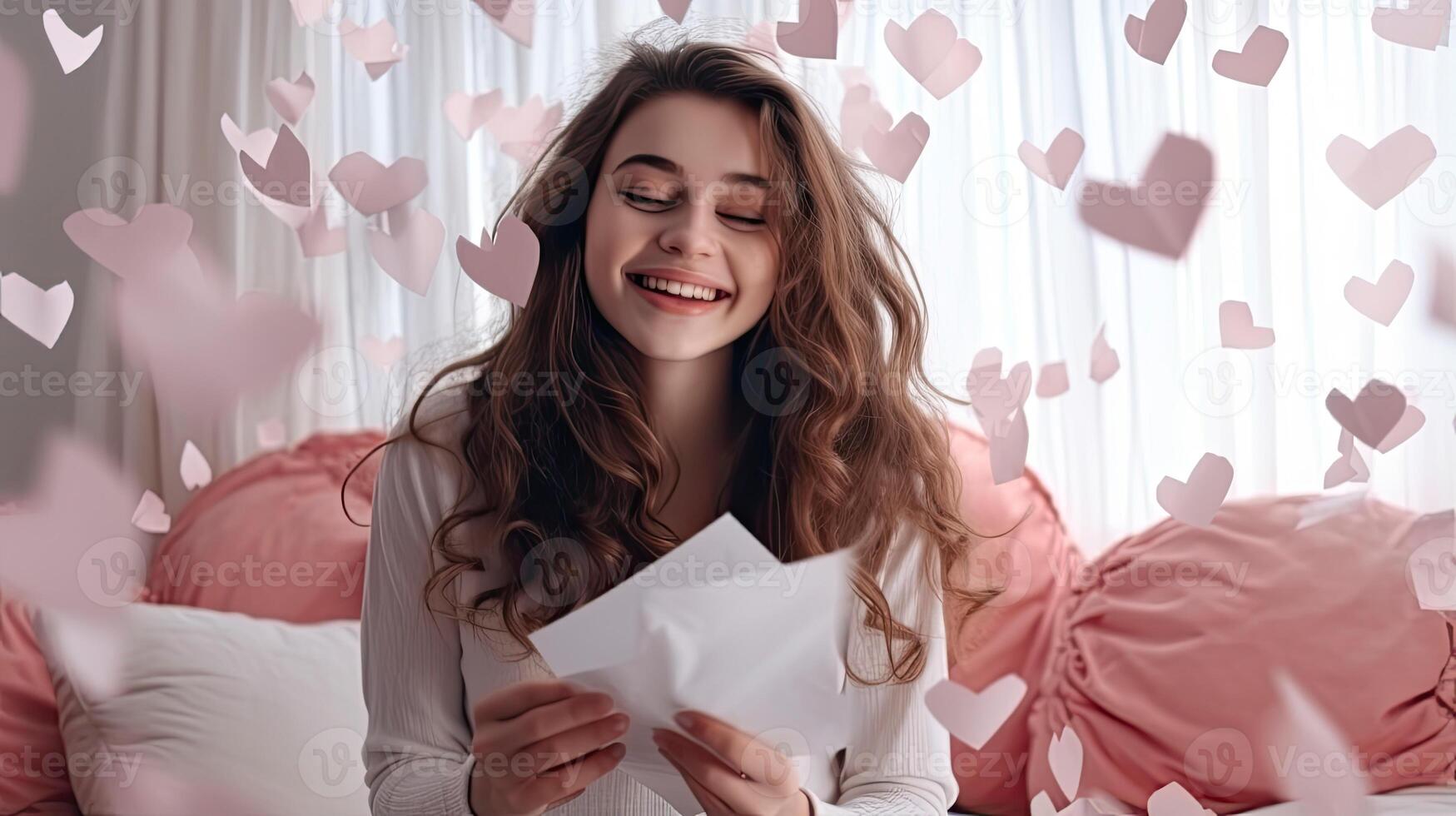 ai gerado animado positivo menina sorridente e olhando às queda coração papel dentro namorados dia foto