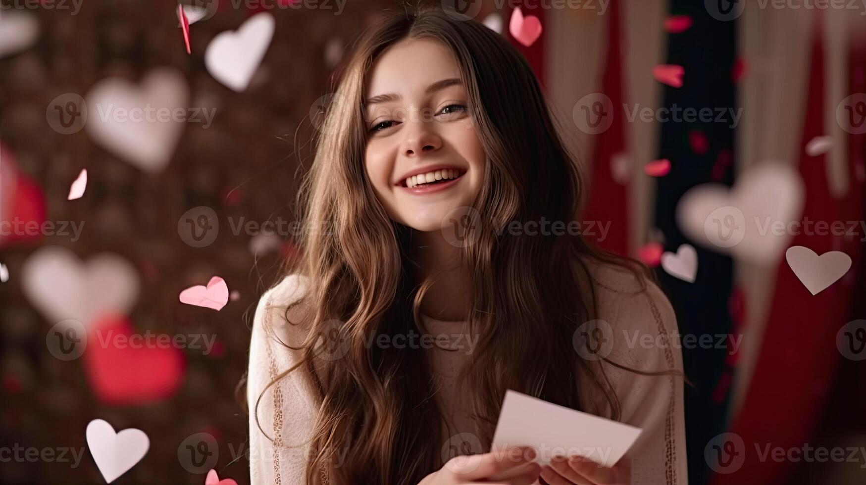 ai gerado animado positivo menina sorridente e olhando às queda coração papel dentro namorados dia foto