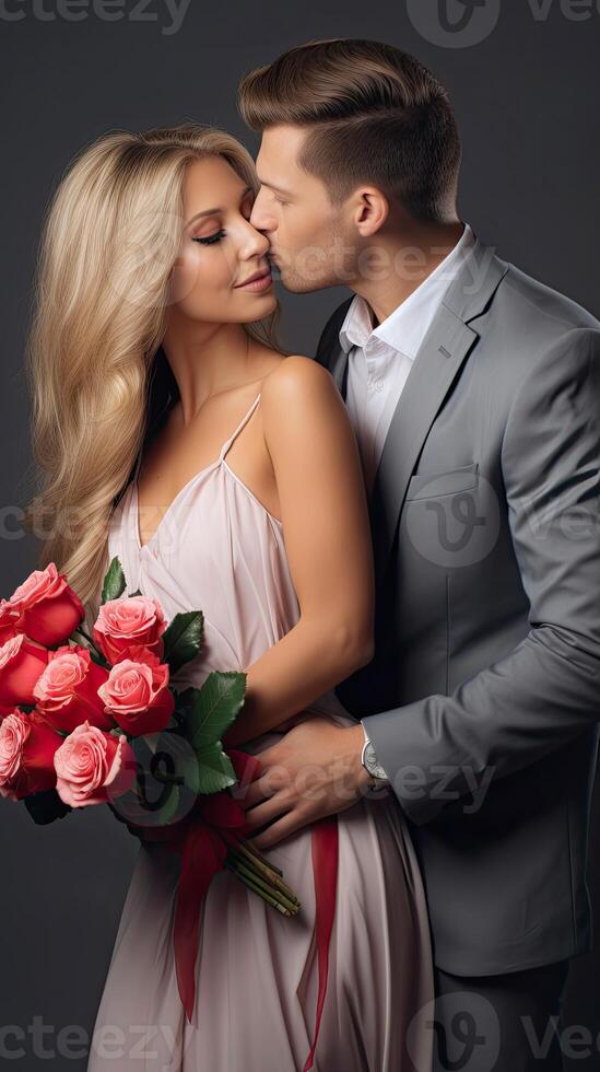 ai gerado lindo feliz adorável casal estão se beijando em cinzento fundo com rosa ramalhete namorados conceito foto