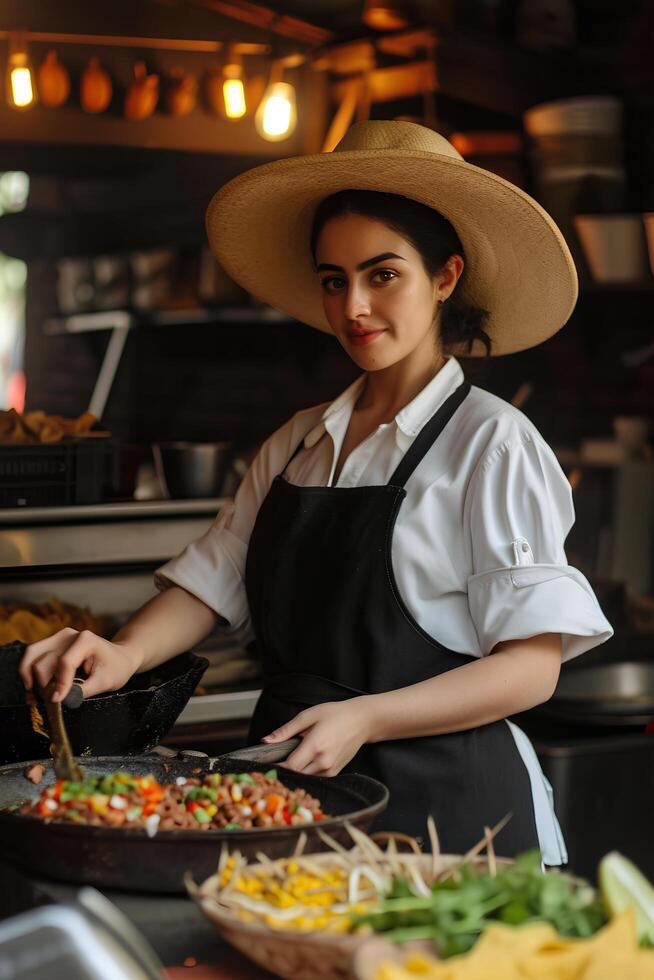 ai gerado saboreando tradição fêmea chefe de cozinha construindo autêntico mexicano cozinha foto