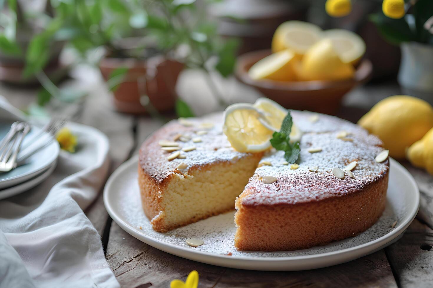 ai gerado núcleo de fazenda sabor vegano limão e amêndoa bolo dentro simples Primavera felicidade foto