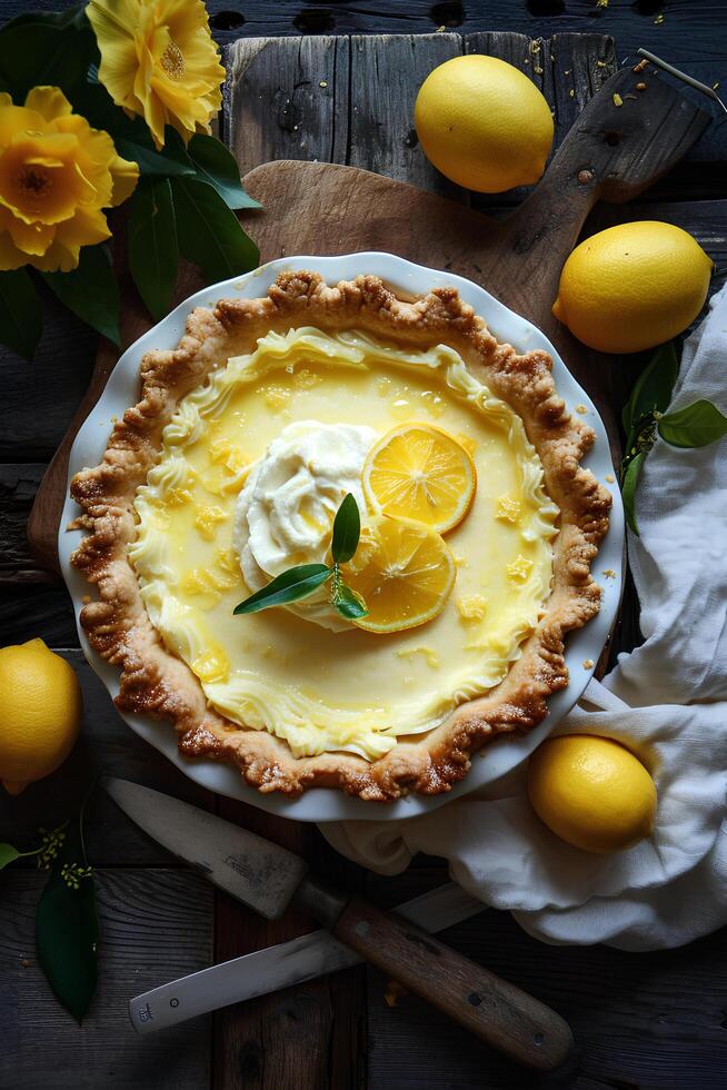 ai gerado primavera indulgência limão creme torta com escamoso crosta para núcleo de fazenda elegância foto