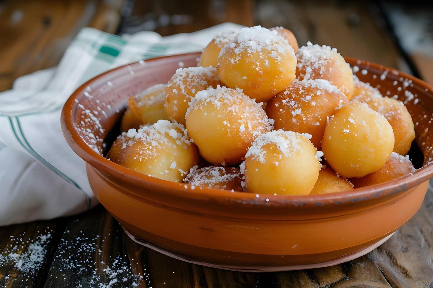 ai gerado folclórico sabor Bunuelos com açúcar em uma simples colombiano pano de fundo foto