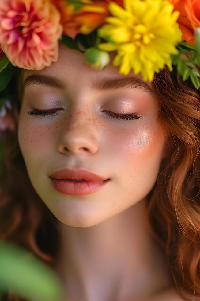 ai gerado abraço a floresce mulher natural beleza dentro Primavera bandeira do autocuidados foto