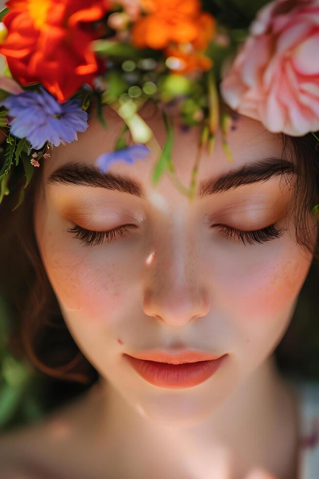 ai gerado abraço a floresce mulher natural beleza dentro Primavera bandeira do autocuidados foto