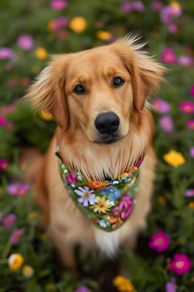 ai gerado pétala jogar lindo Primavera bandeira capturando a alegria do uma feliz cachorro foto