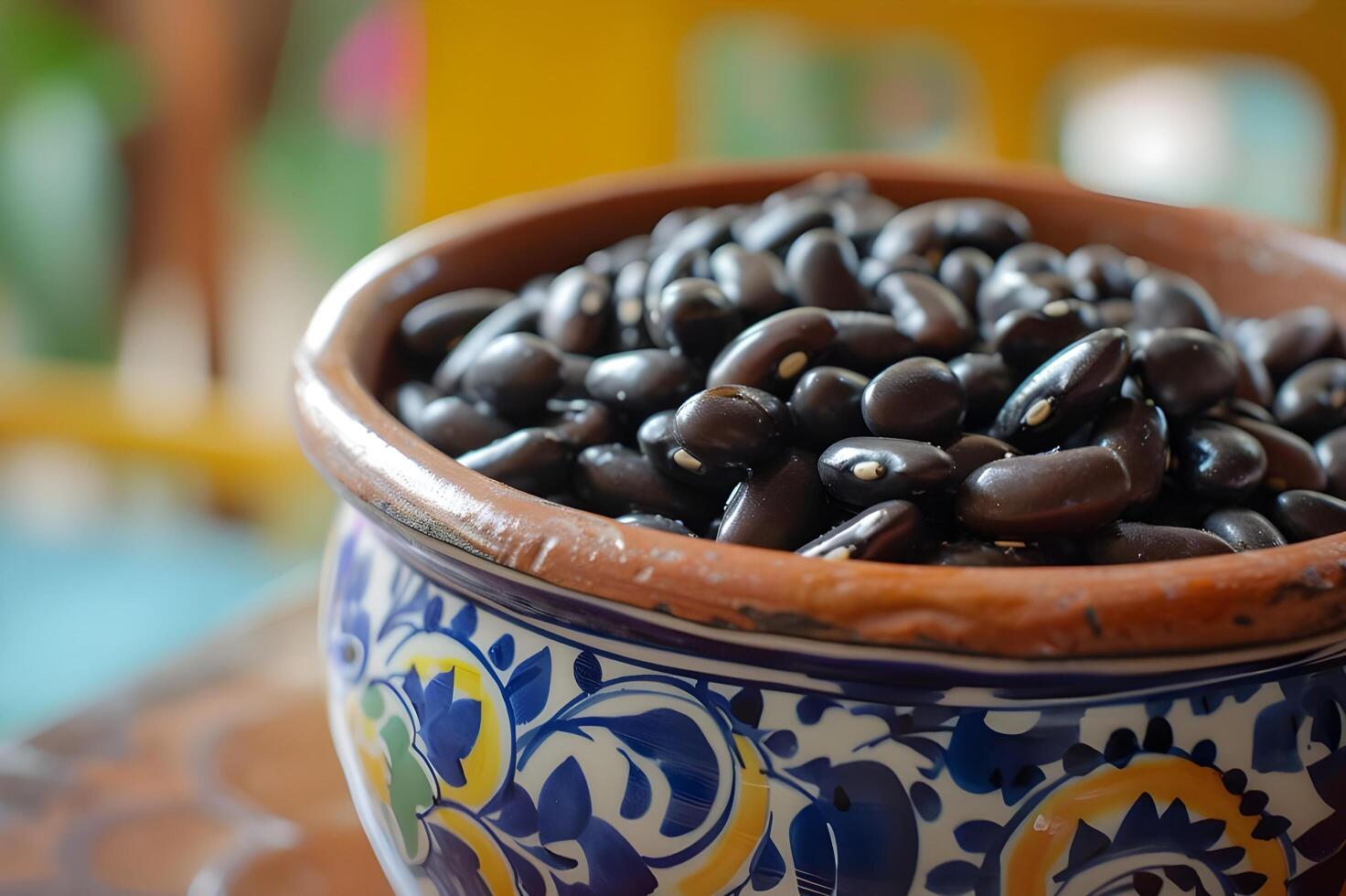 ai gerado digno de um livro de receitas prato brasileiro Preto feijões dentro artístico folk padrões foto