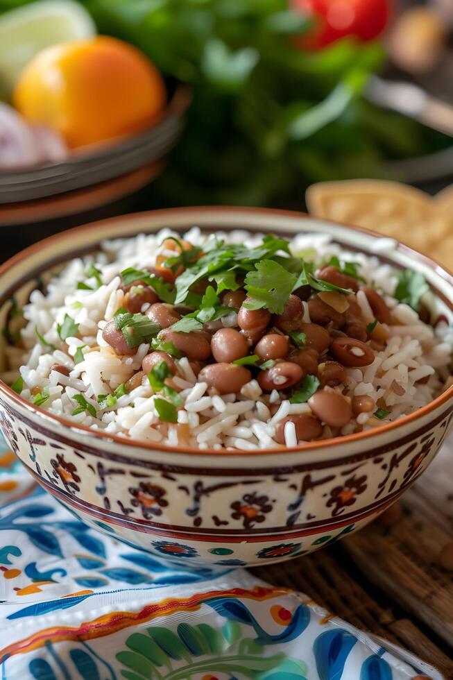 ai gerado culinária tradição baião de dois dentro uma estilo folk utensílios de cozinha foto