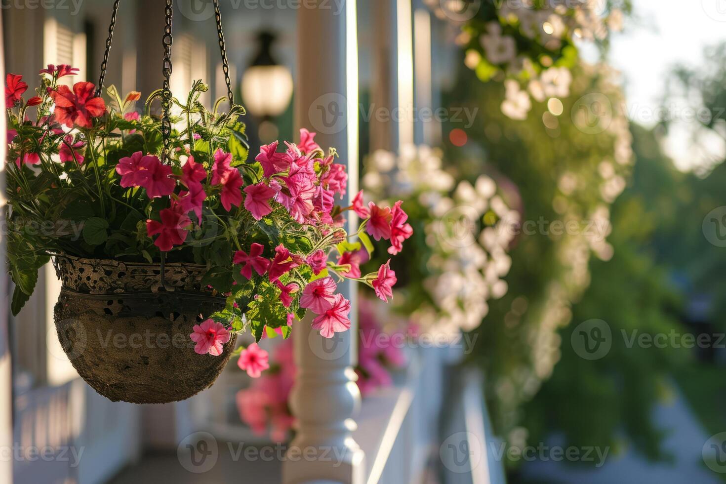 ai gerado suspensão cestas do florescendo Primavera flores generativo ai foto