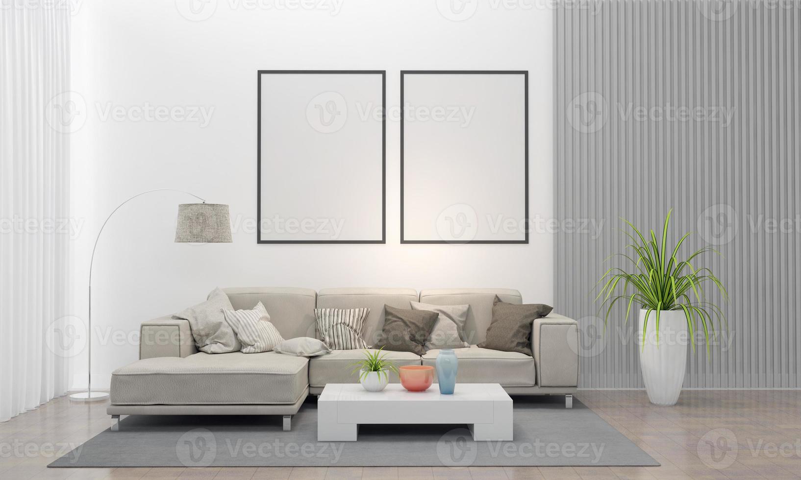 Maquete realista 3D renderizado do interior da moderna sala de estar com sofá - sofá e mesa foto