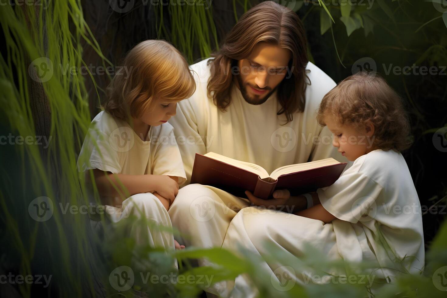 ai gerado Jesus Cristo e crianças lendo livro dentro a jardim foto