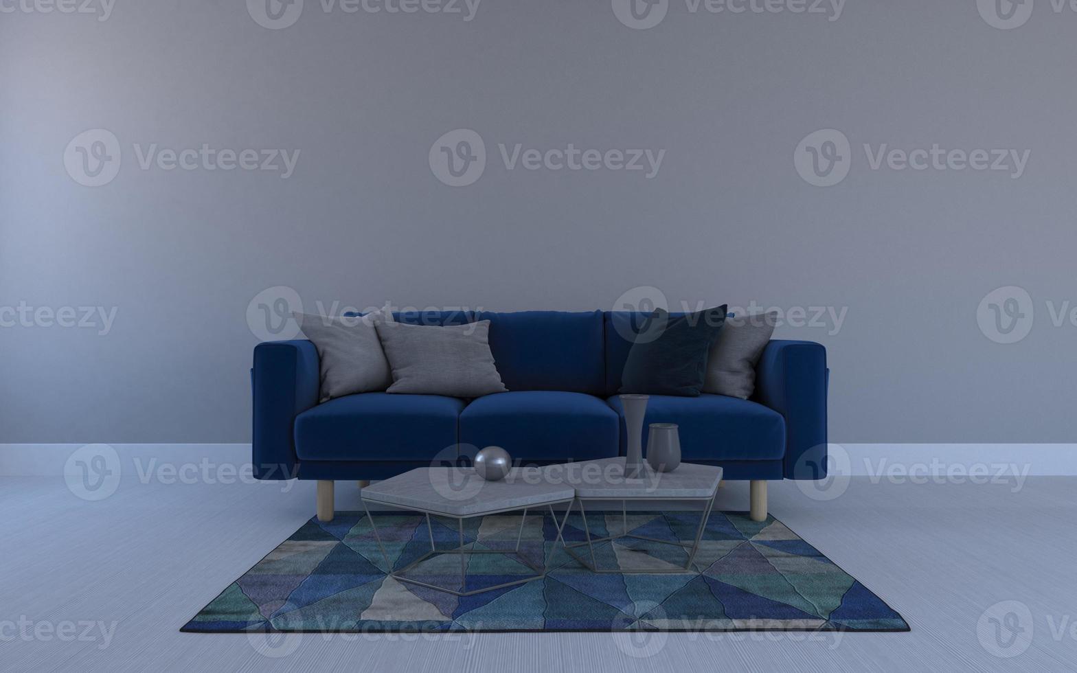 Renderização 3D da moderna sala de estar interior com sofá - maquete realista de sofá e mesa foto