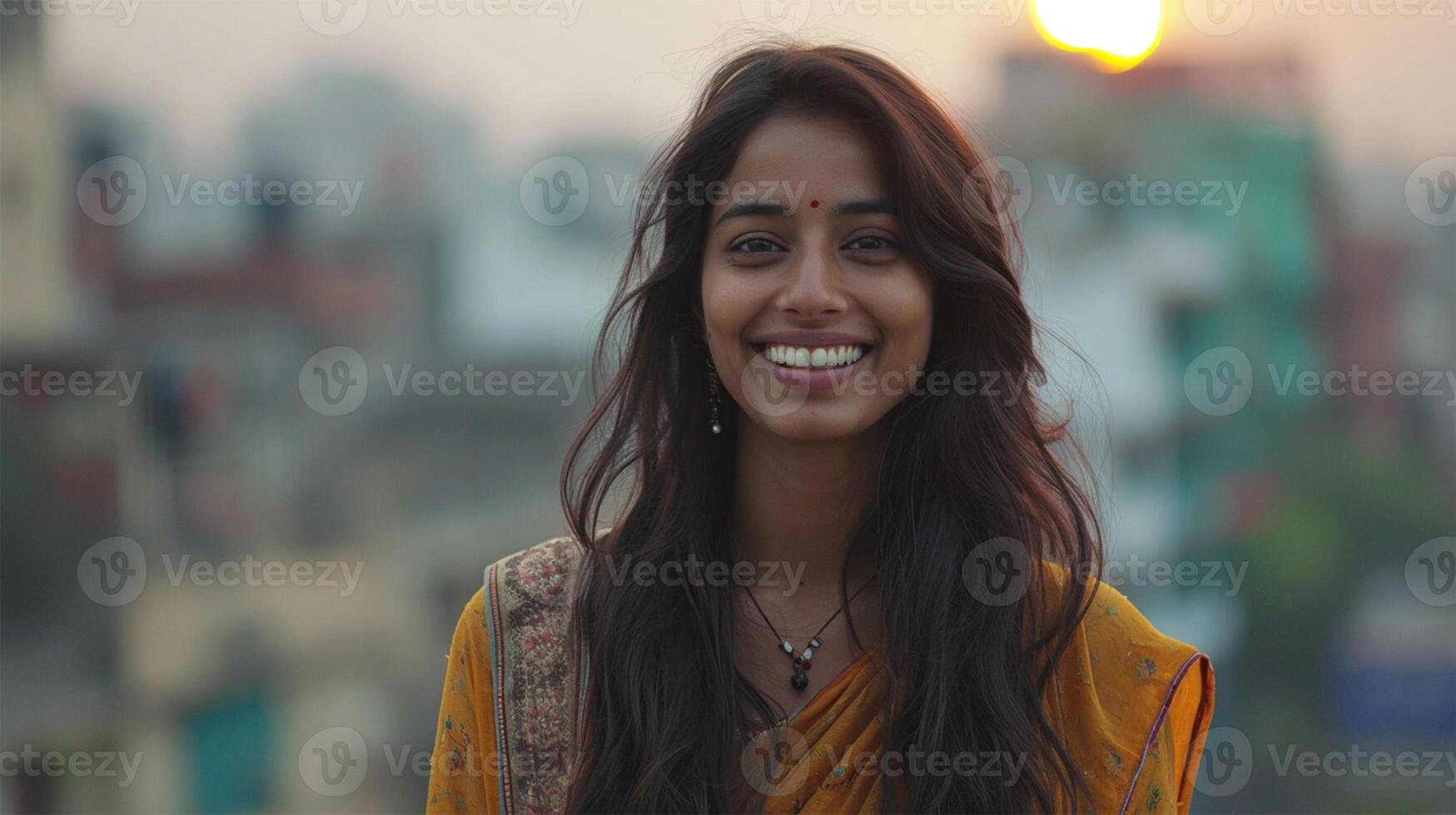 ai gerado retrato do uma lindo jovem indiano mulher sorridente às a Câmera. foto
