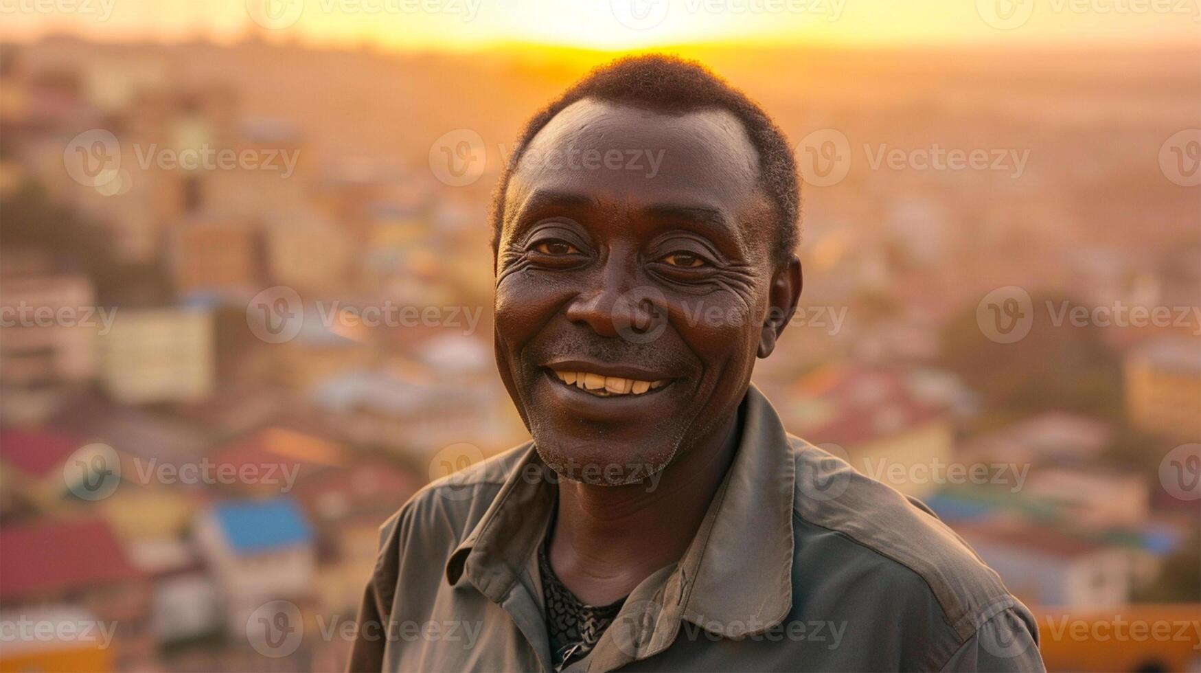 ai gerado retrato do uma sorridente africano homem às pôr do sol dentro a cidade foto