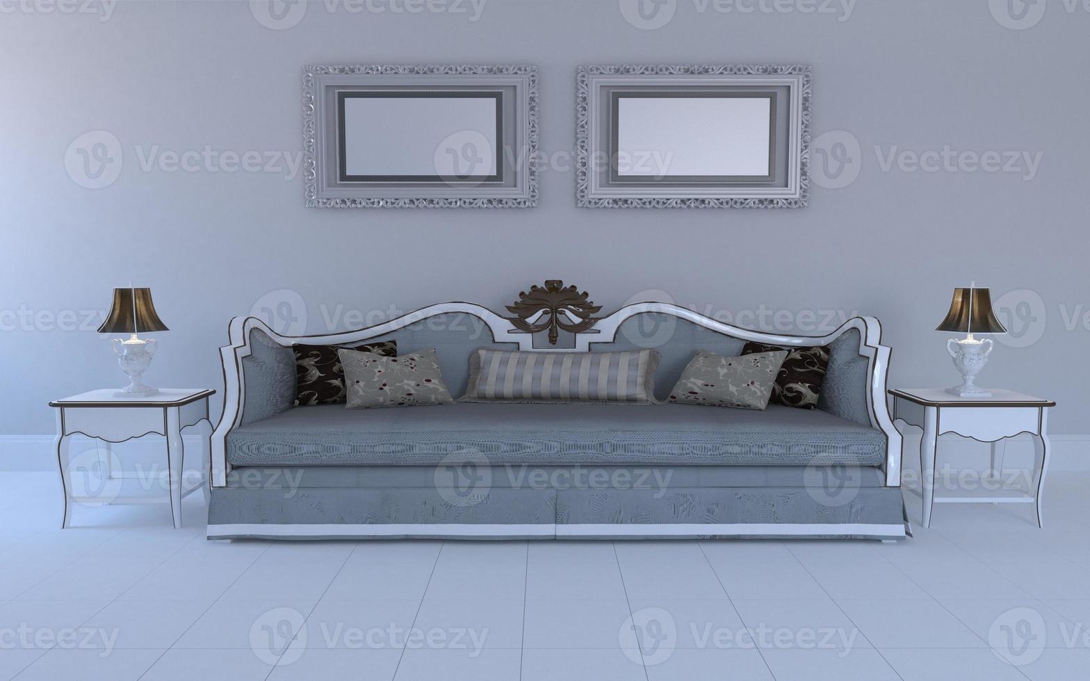 maquete de luxo renderizada em 3D do interior da moderna sala de estar com sofá - sofá e mesa foto