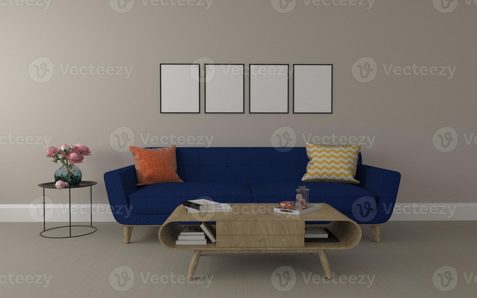 maquete realista 3D renderizado do interior da moderna sala de estar com sofá - sofá e mesa foto