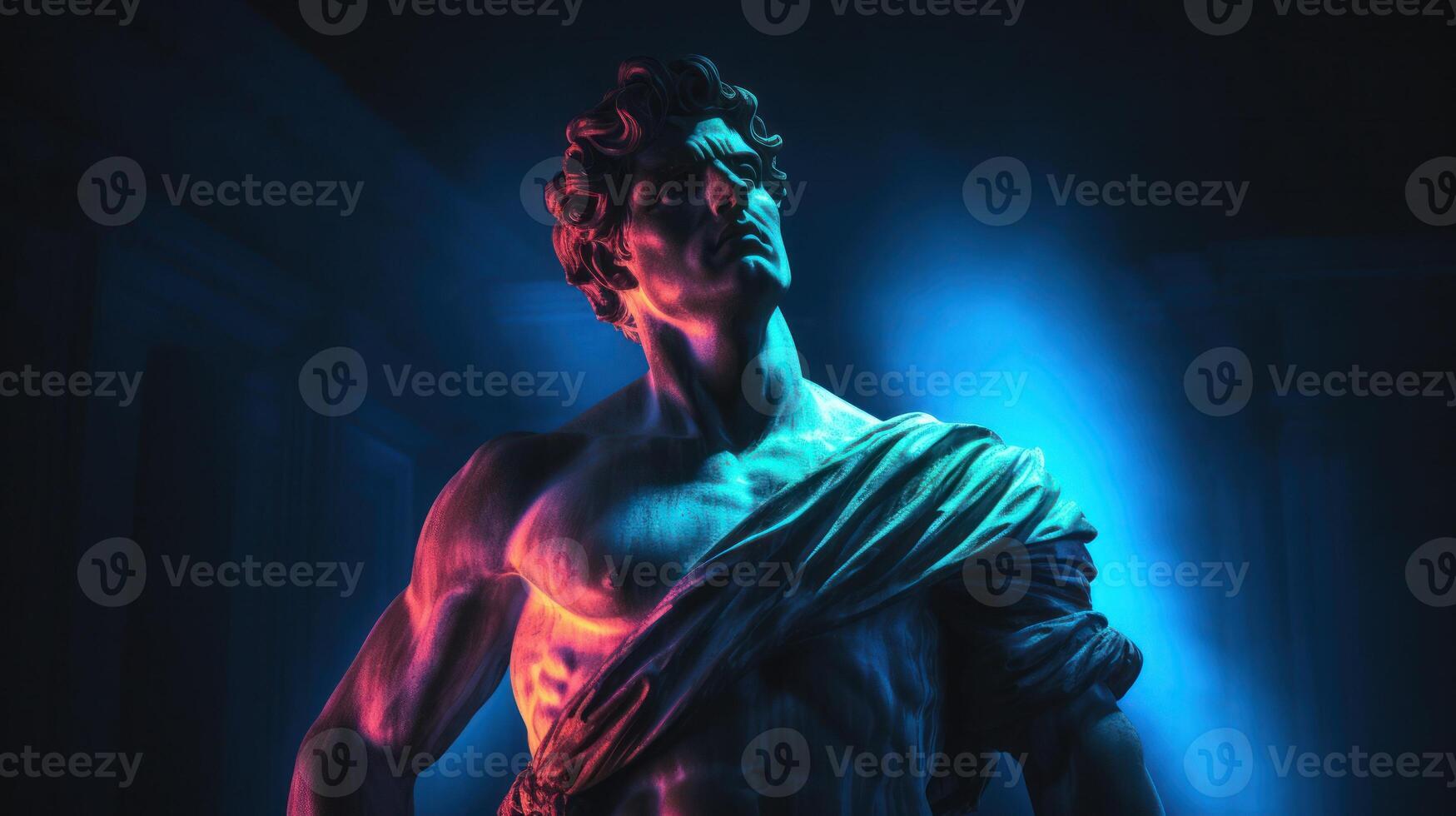 ai gerado antigo Antiguidade estátua do masculino pessoa dentro místico néon brilho confusão, sombrio Sombrio fundo foto