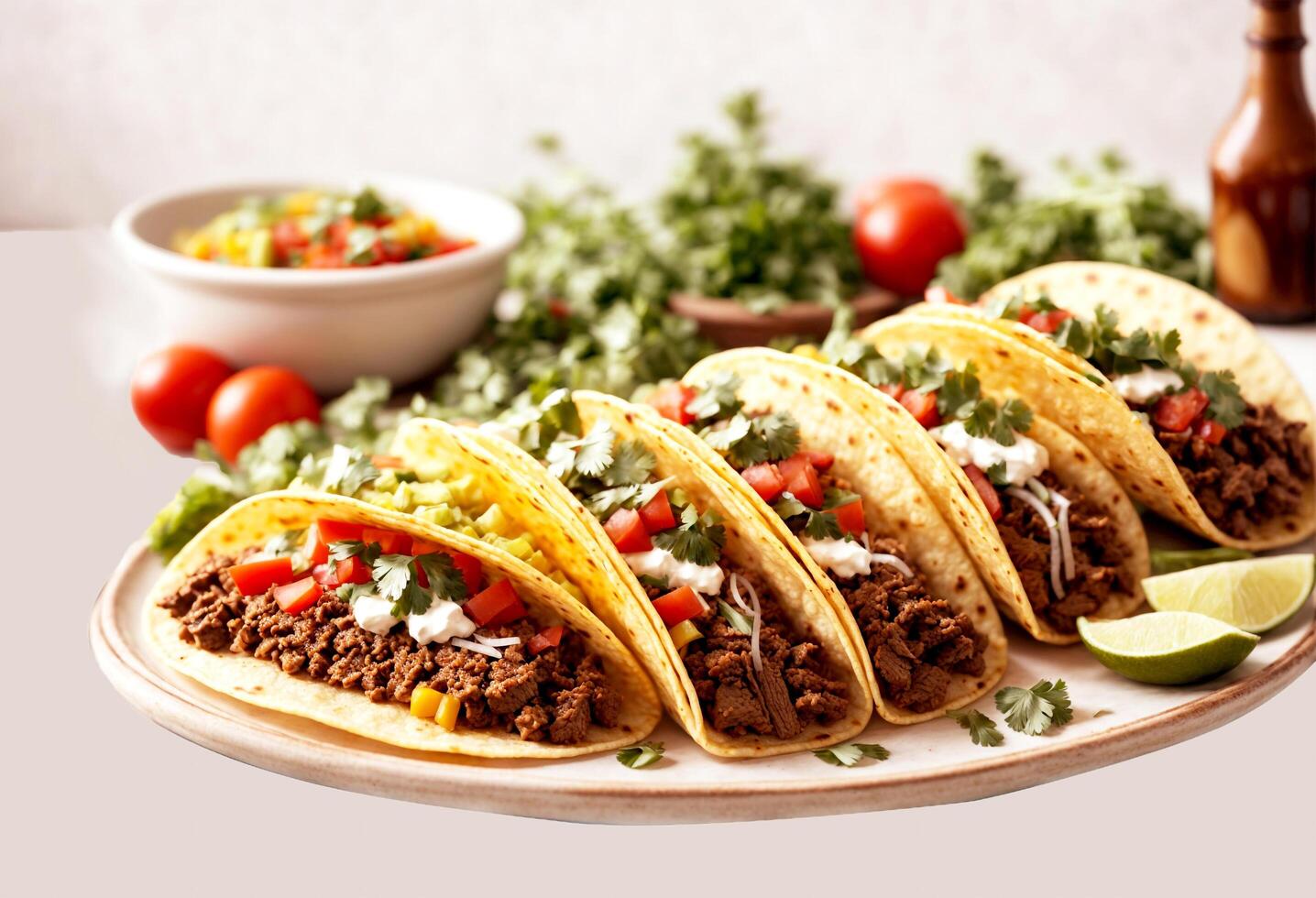 tradicional mexicano tacos com carne e legumes em branco fundo foto