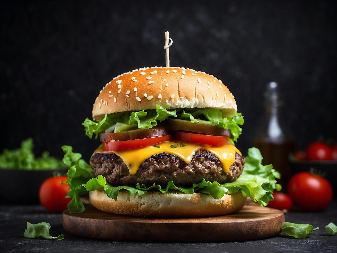 ai gerado saboroso Hamburguer de queijo com carne tomates e verde salada em Sombrio fundo foto