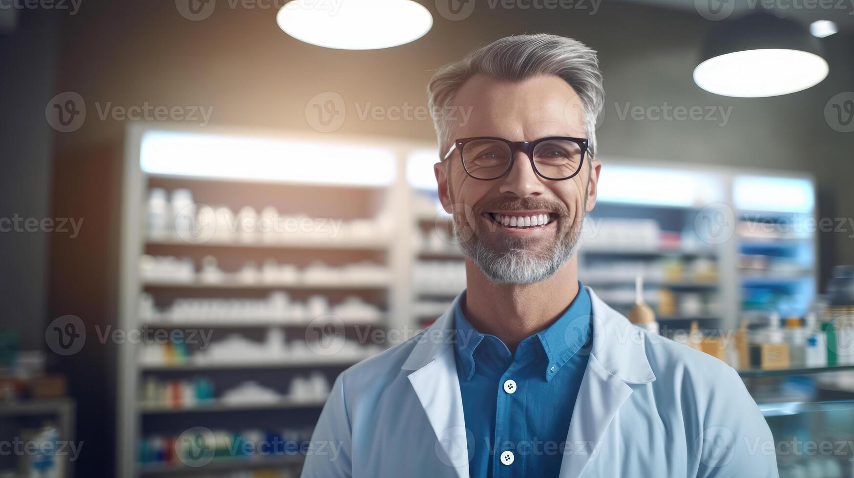 ai gerado cortês sorridente masculino farmacêutico dentro branco casaco assistências clientes dentro farmacia fornecendo adendo foto