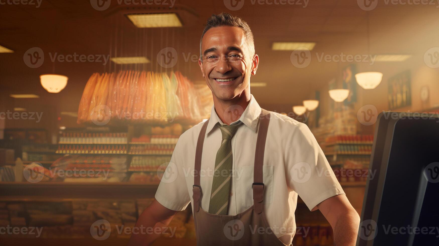 ai gerado retrato do alegre sorridente masculino caixa dentro mercearia loja simboliza amigáveis cliente serviço foto