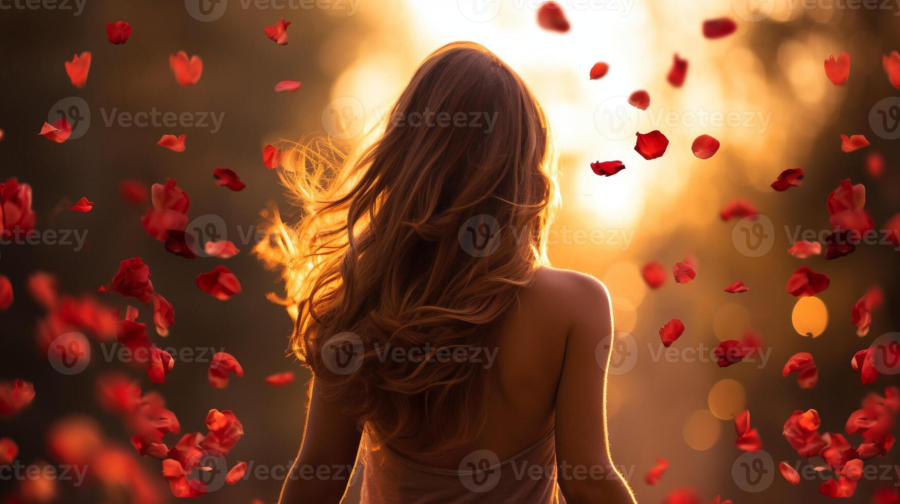 ai gerado costas Visão do grandes cabelos jovem menina carrinhos banhado dentro luz solar debaixo vermelho rosa pétalas suavemente cascata foto