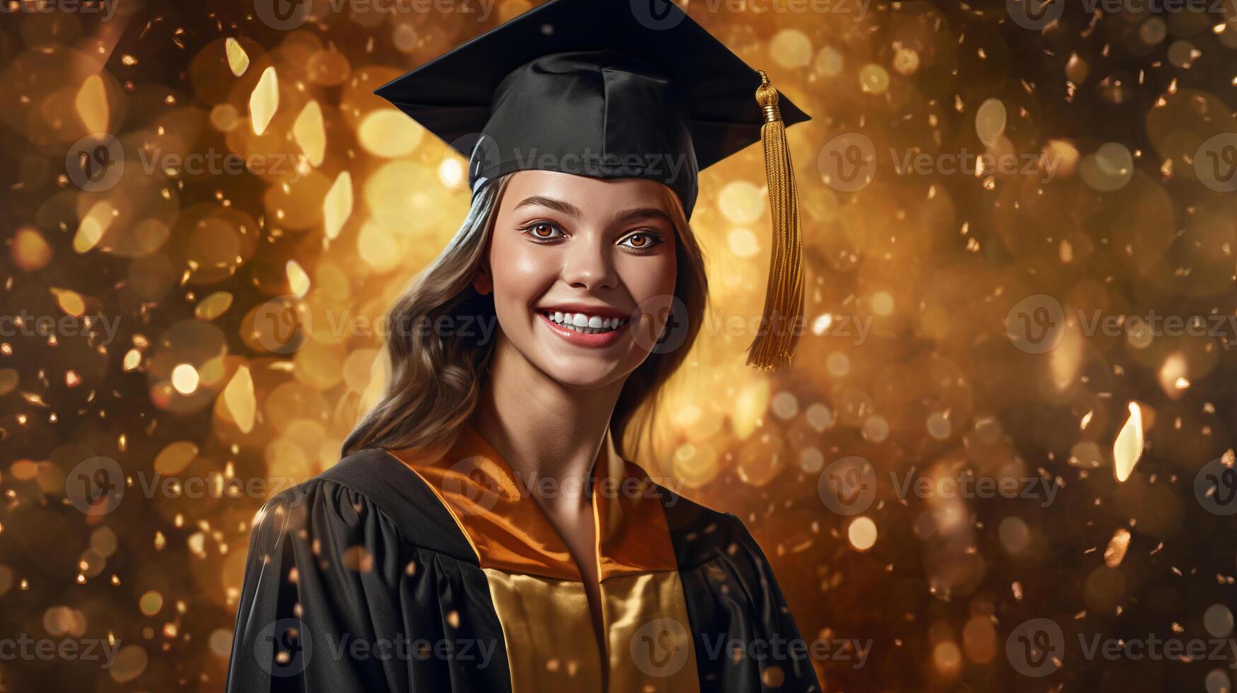 ai gerado feliz jovem mulher vestindo graduação boné e vestido, sorridente jovem menina feixes com felicidade foto