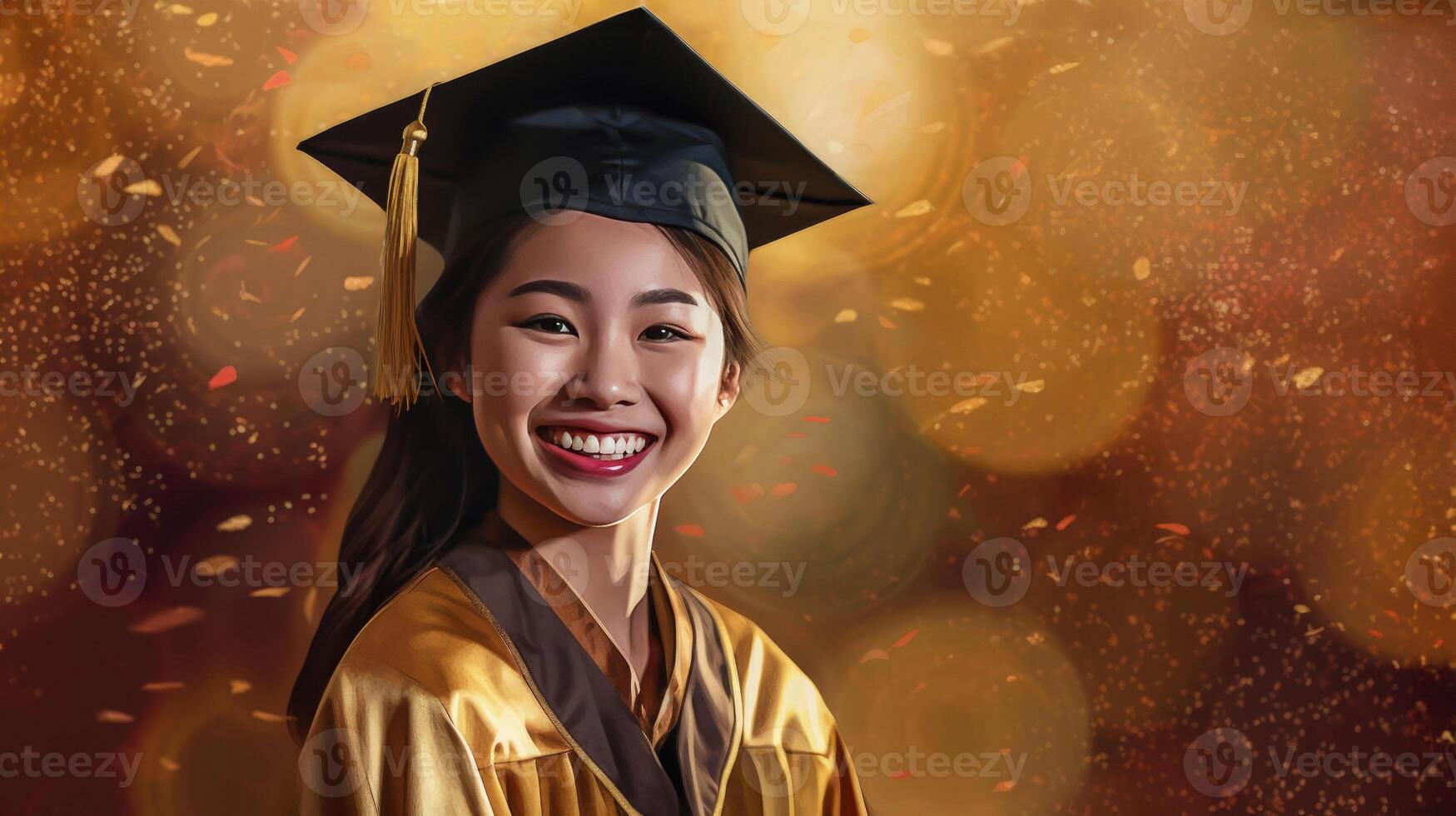 ai gerado feliz ásia jovem menina vestindo graduação boné e vestido, sorridente menina feixes com felicidade foto