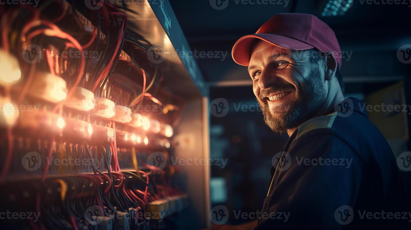 ai gerado sorridente eletricista, bonito e especializado, solução de problemas disjuntor painel foto