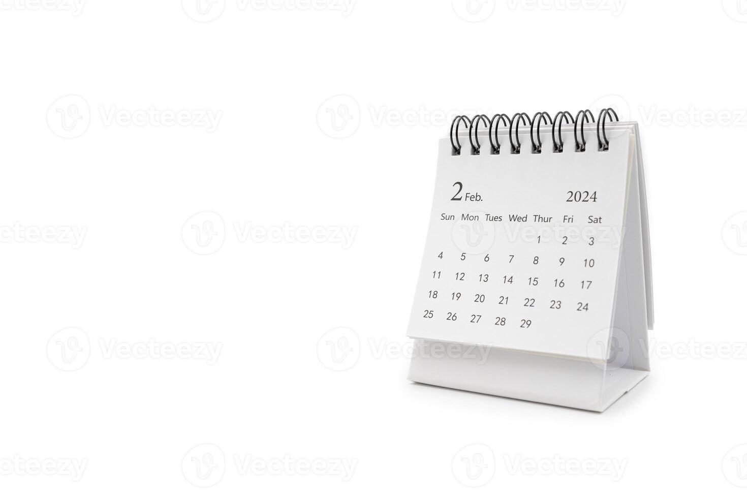 simples escrivaninha calendário para fevereiro 2024 isolado em branco fundo. calendário conceito com cópia de espaço. foto