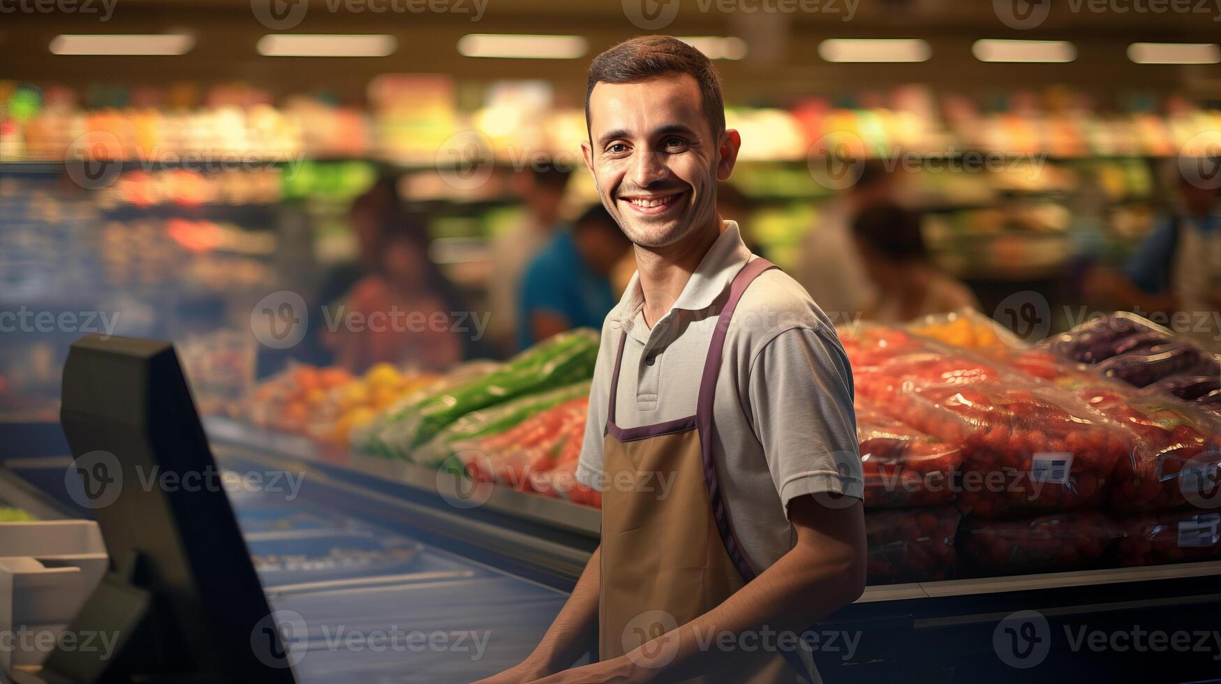 ai gerado retrato do alegre sorridente masculino caixa dentro mercearia loja simboliza amigáveis cliente serviço foto