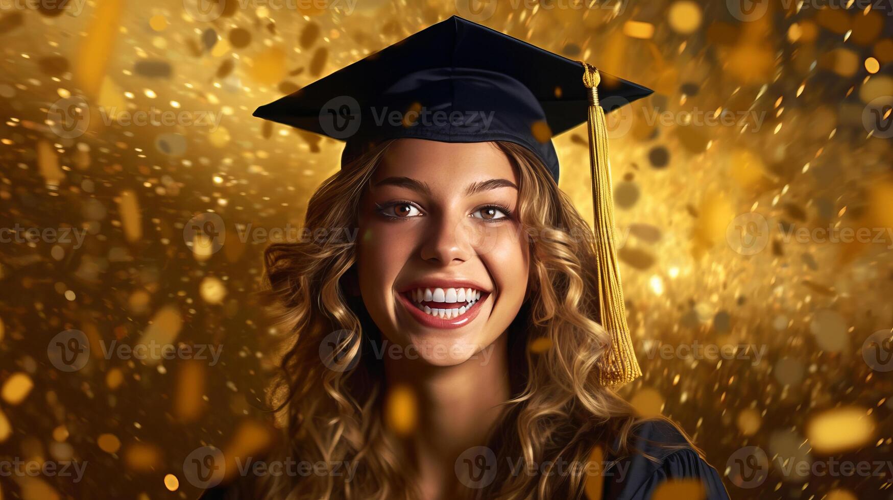 ai gerado feliz jovem mulher vestindo graduação boné e vestido, sorridente jovem menina feixes com felicidade foto